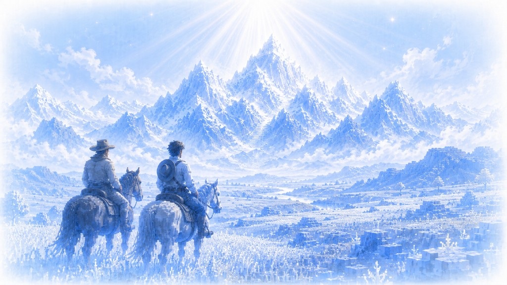 Stylized icy-blue painted scene of two riders on horseback looking out toward snow-capped mountains with a sunburst behind the peaks — editorial cover for the Luel seed-round announcement.
